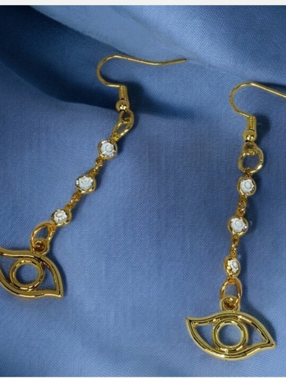 Gold Evil Eye Dangle Drop Earrings with Vintage Bezel Set Blue Satellite Chain